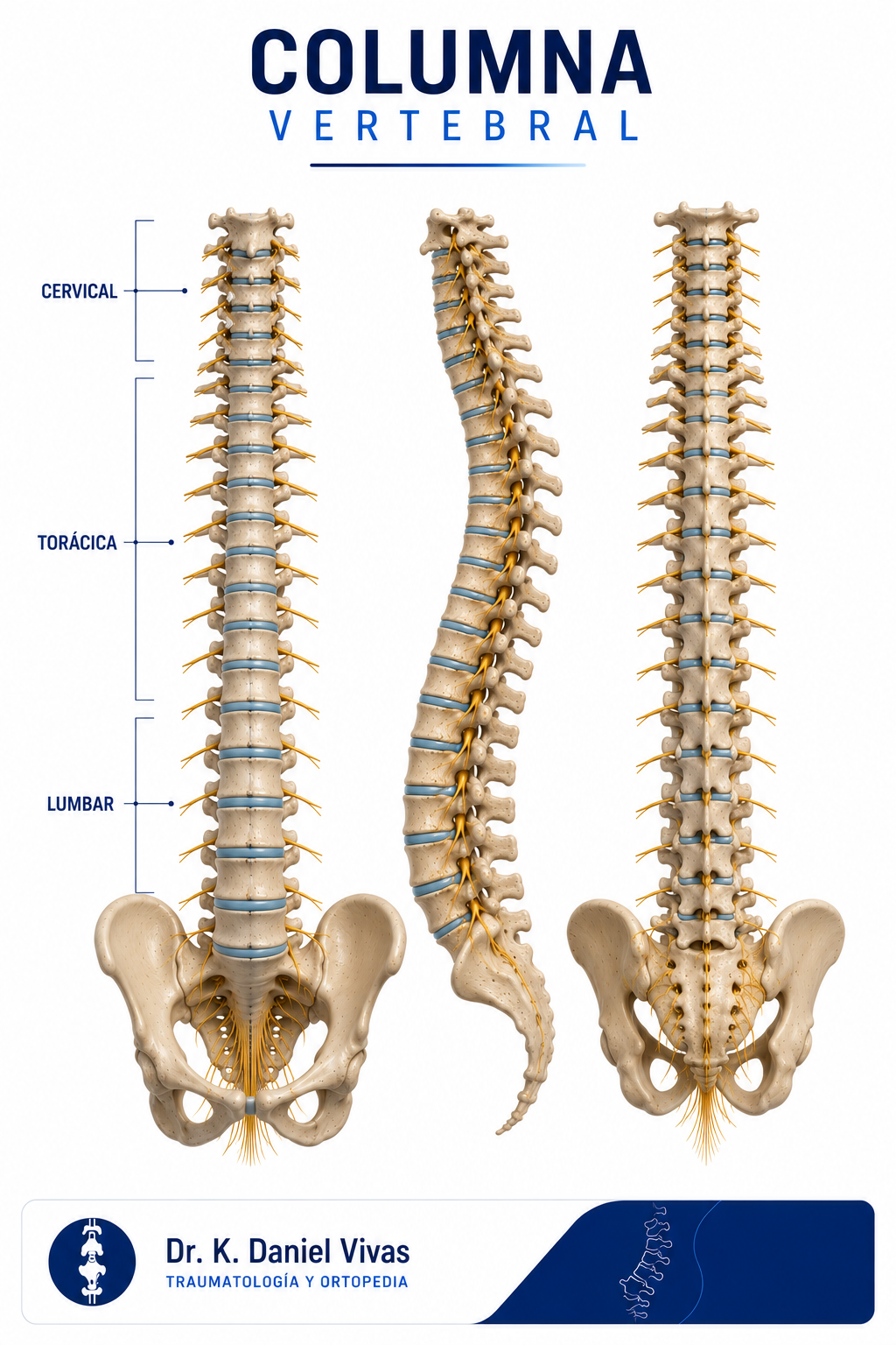 Columna vertebral completa: regiones cervical, torácica y lumbar en tres vistas
