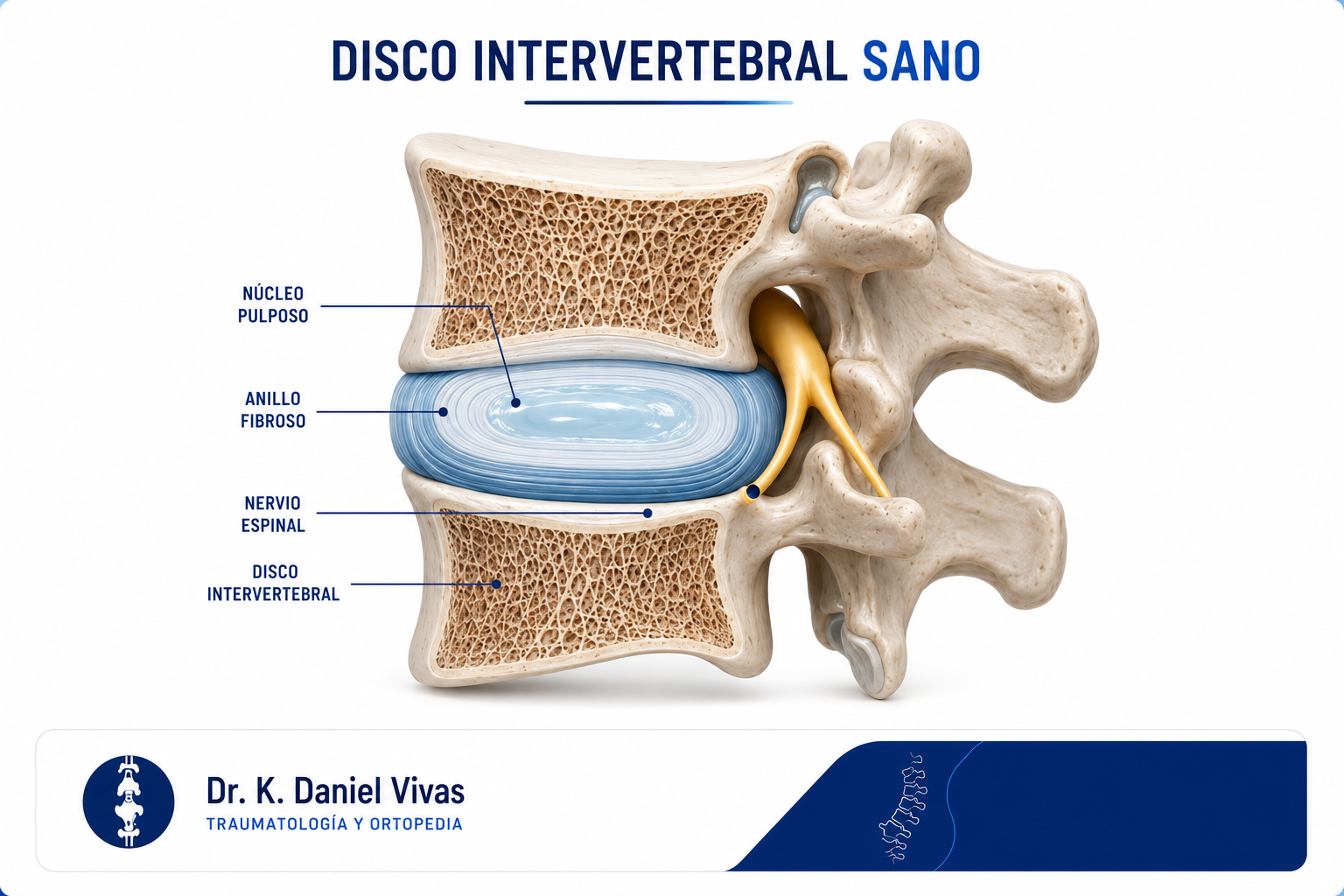 Disco intervertebral sano: núcleo pulposo, anillo fibroso, nervio espinal libre