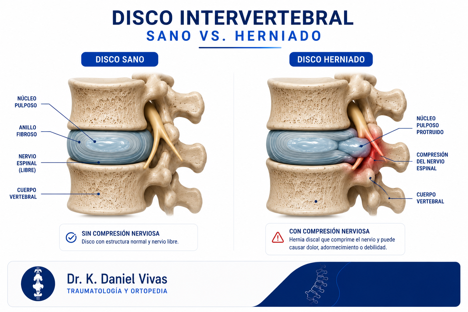 Disco intervertebral sano vs disco herniado comprimiendo el nervio espinal