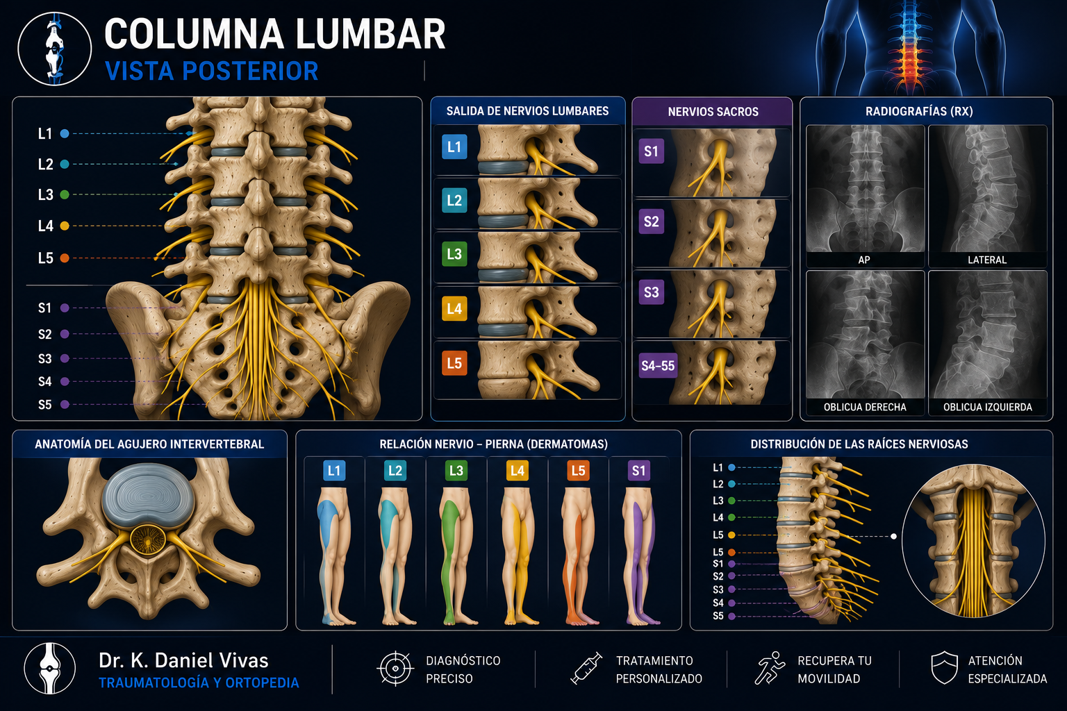 Infografía completa de columna lumbar: dermatomas, salida de nervios, radiografías y distribución de raíces nerviosas