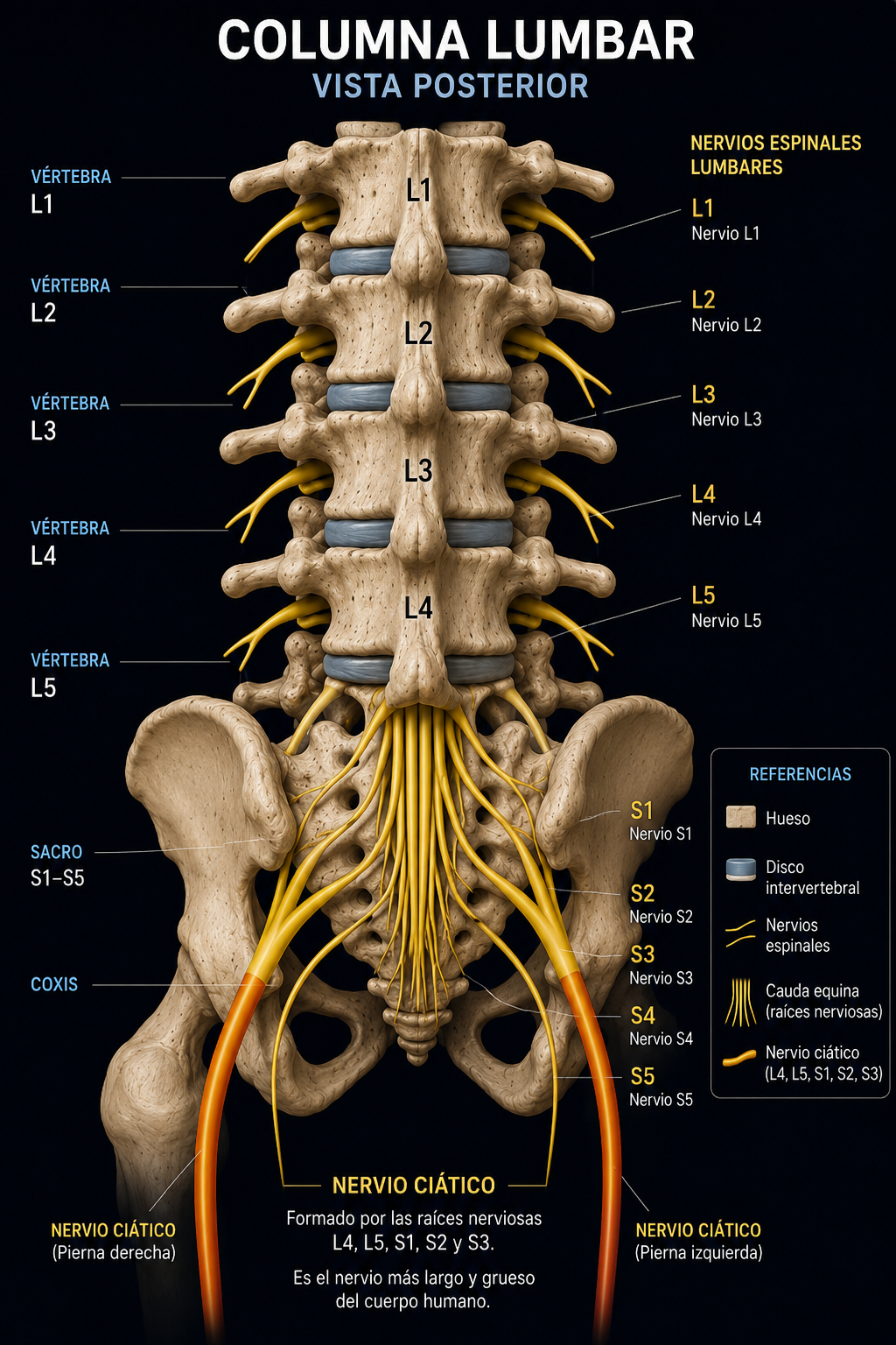 Columna lumbar vista posterior con nervios espinales L1 a S5 y nervio ciático